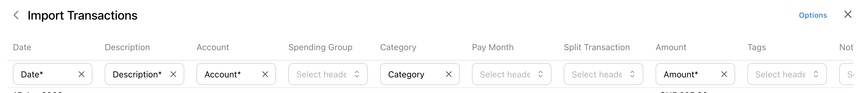 Screenshot of column mapping interface