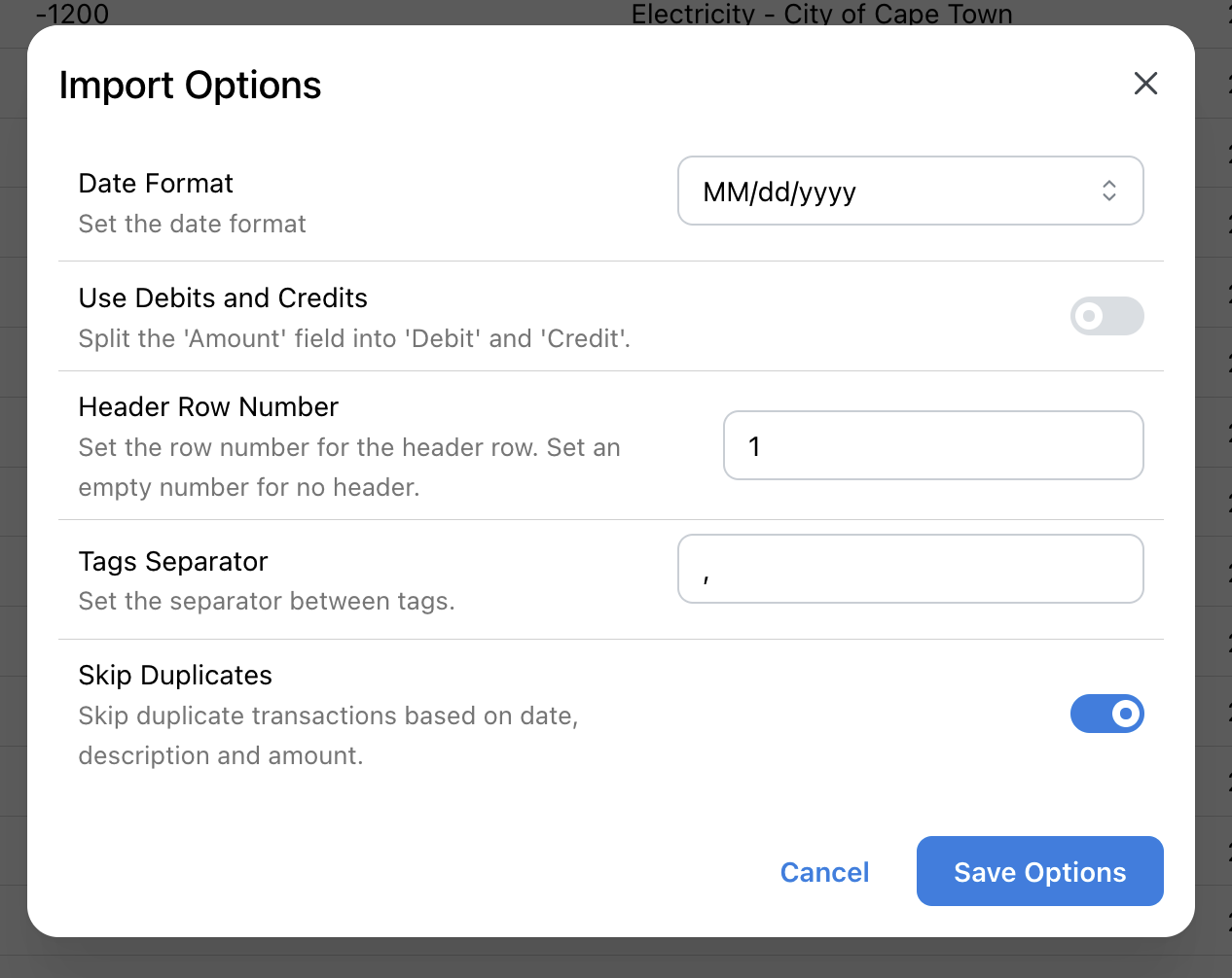 Screenshot of import options configuration