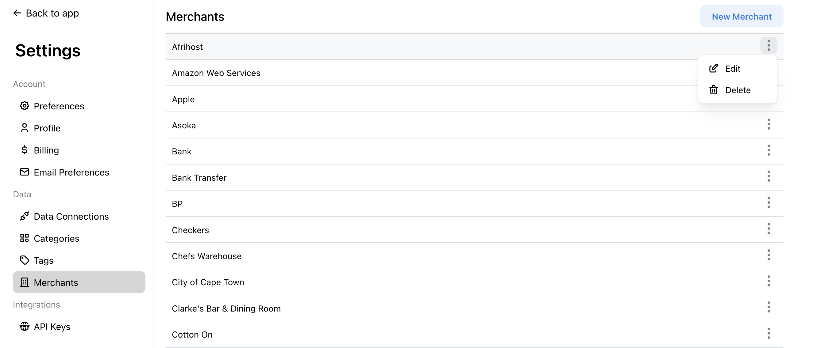 Screenshot of merchant settings page