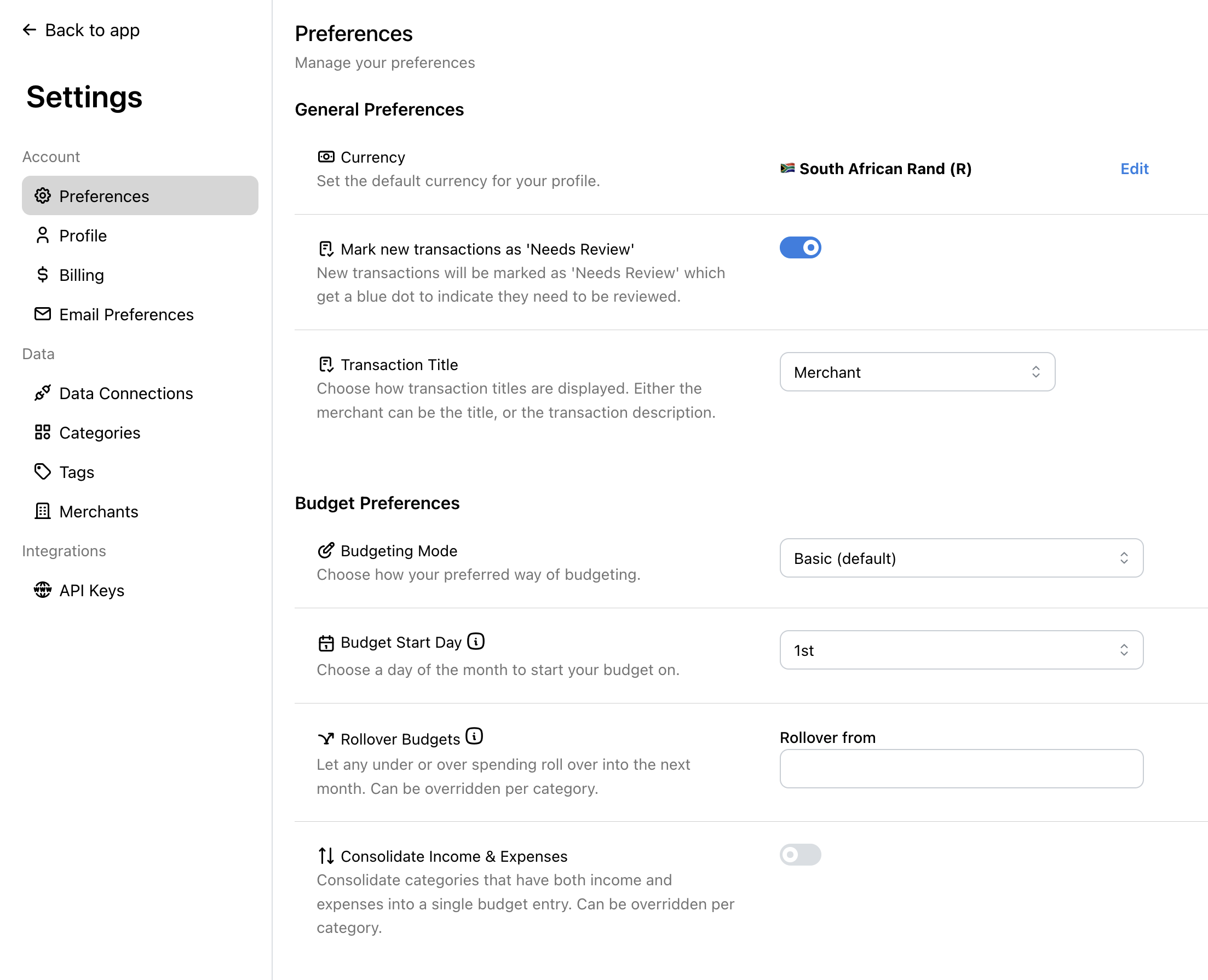 Screenshot of preferences settings page